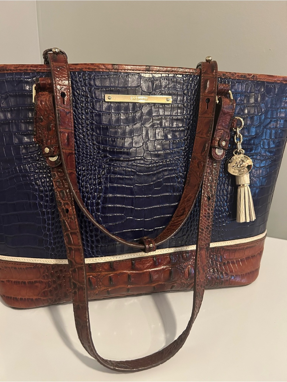 Brahmin Navy and Brown Croc-Embossed Leather Tote with Cream Tassel - Picture 7 of 10